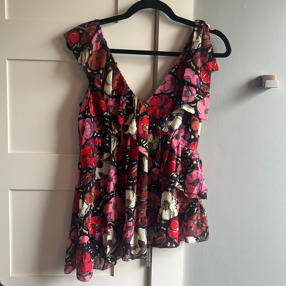 Cinq a Sept XS Naomi floral ruffle top blouse tank cami maraschino multi color